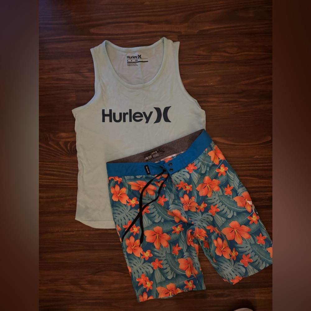 Hurley Mint Tank Top and Floral Orange Board Shorts